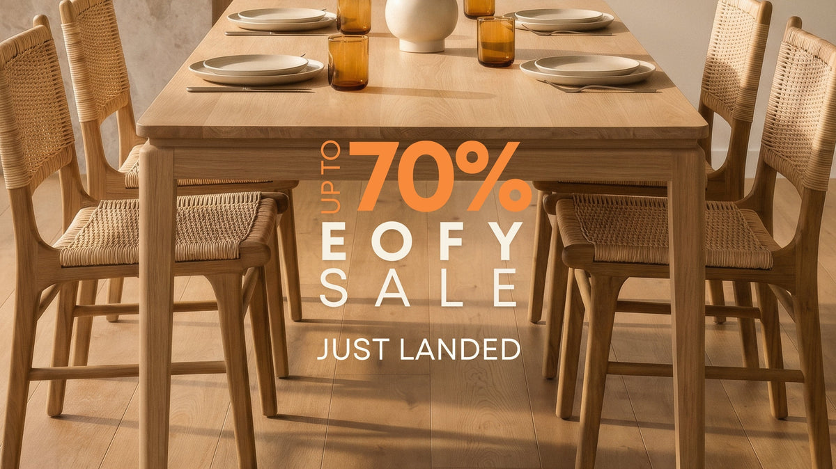 Twenty Twenty Rectangular Dining Table crafted from European oak paired with Husk Dining Chairs featuring woven paper cord seats, styled in a modern dining space with neutral décor, timber flooring, soft natural light and an EOFY Sale badge.