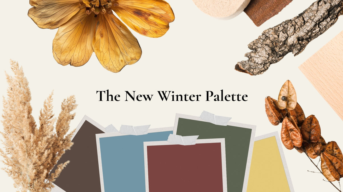 The New Winter Palette mood board featuring cocoa brown, smoky blue, burgundy, olive green and warm gold colour swatches with natural textures, dried botanicals and warm winter styling.