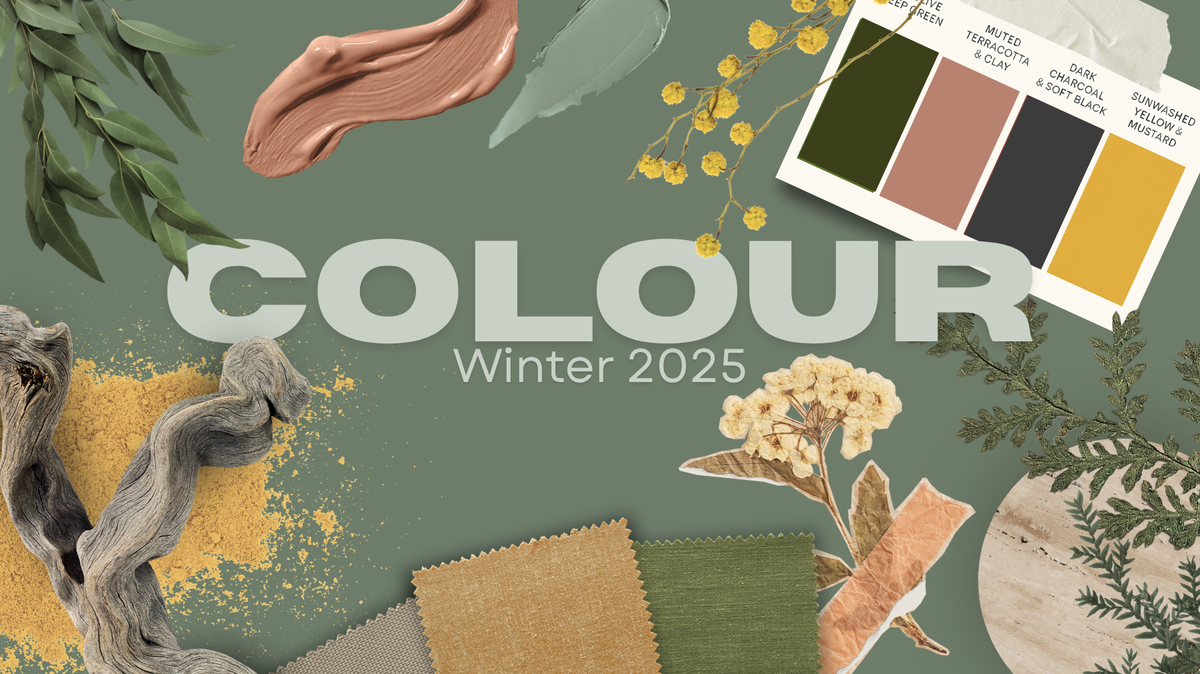 Winter 2025 interior colour trends overview – Deep Olive & Green, Terracotta & Clay, Dark Charcoal, and Sunwashed Mustard palettes with fabric swatches and décor ideas.