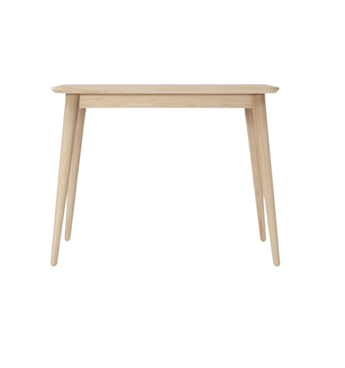 Wooden desk with tapered legs.