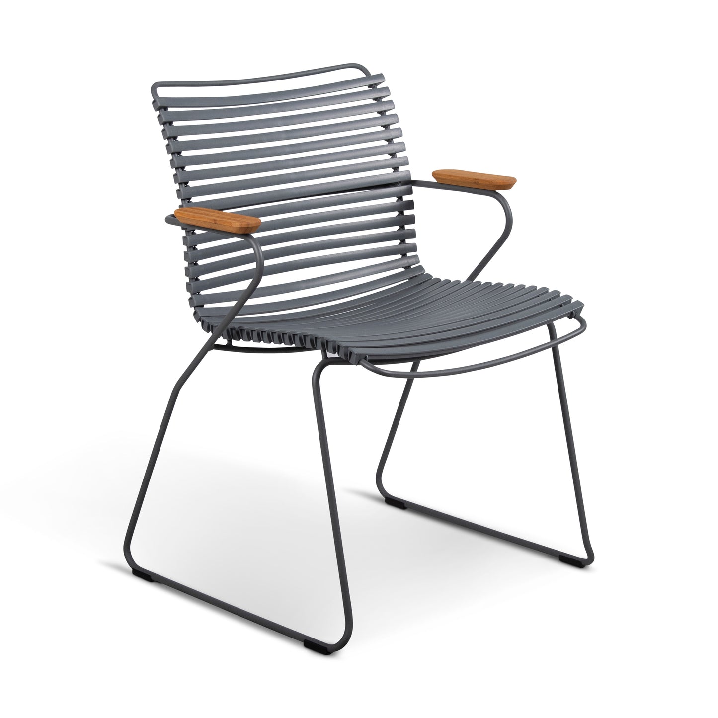 Gray metal chair with wooden armrests.