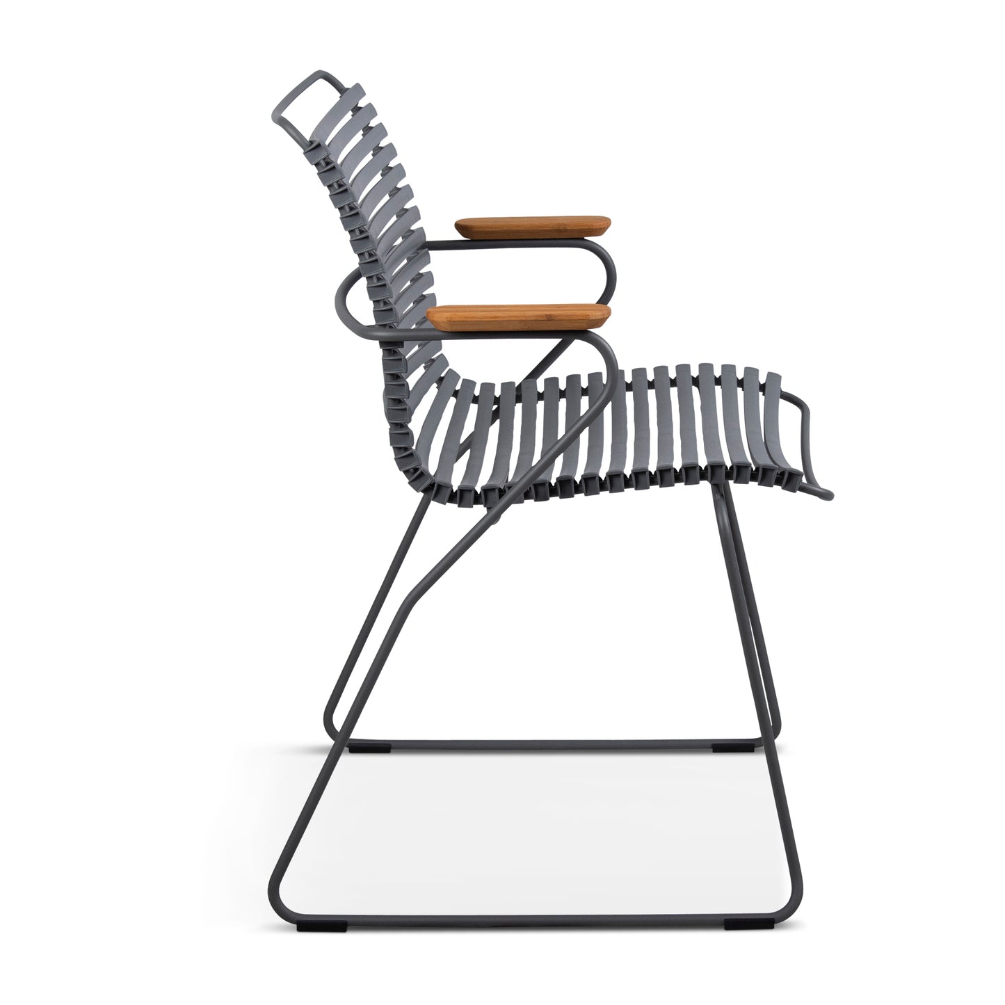 Gray metal chair with wooden armrests.
