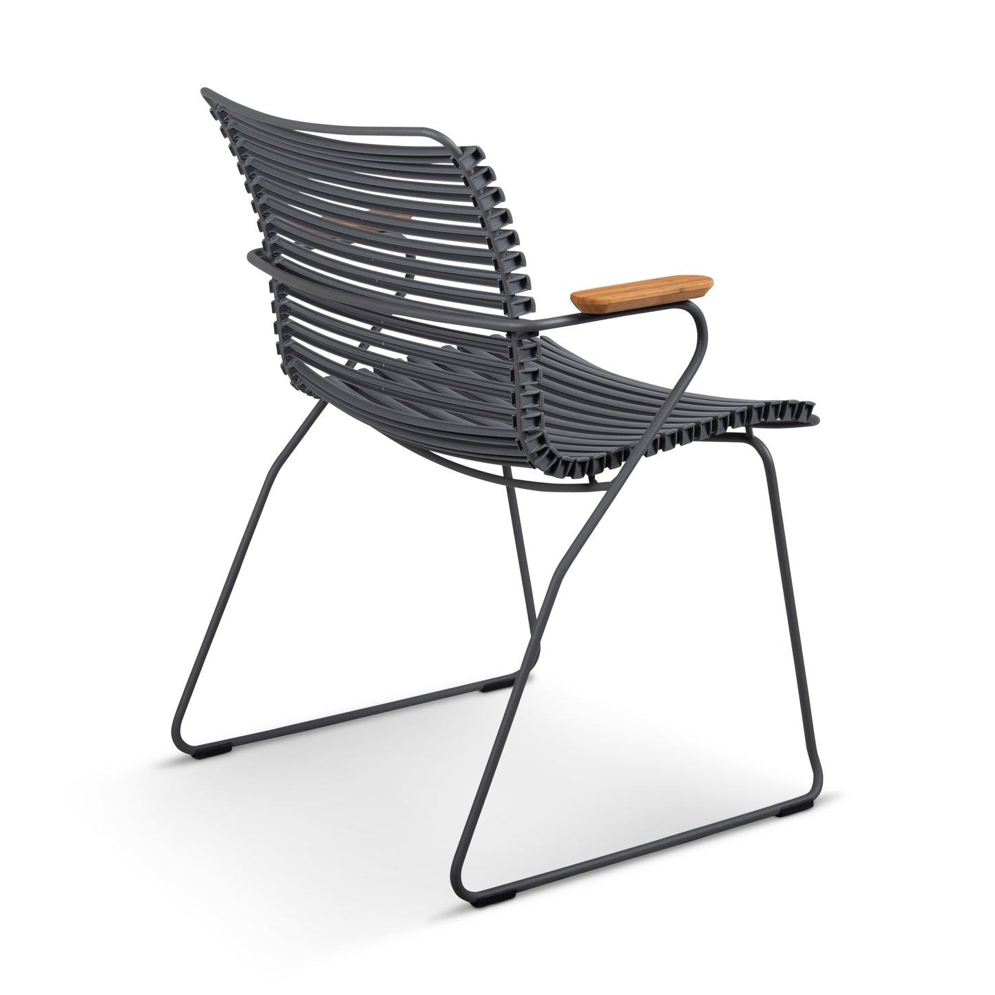 Gray metal chair with wooden armrest.