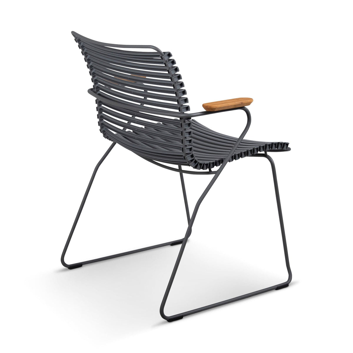 Gray metal chair with wooden armrest.
