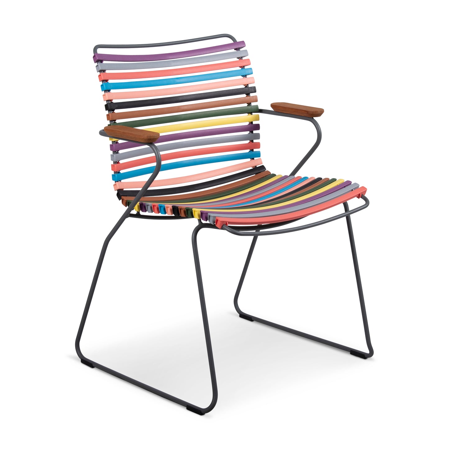 Colorful striped chair with black metal frame.