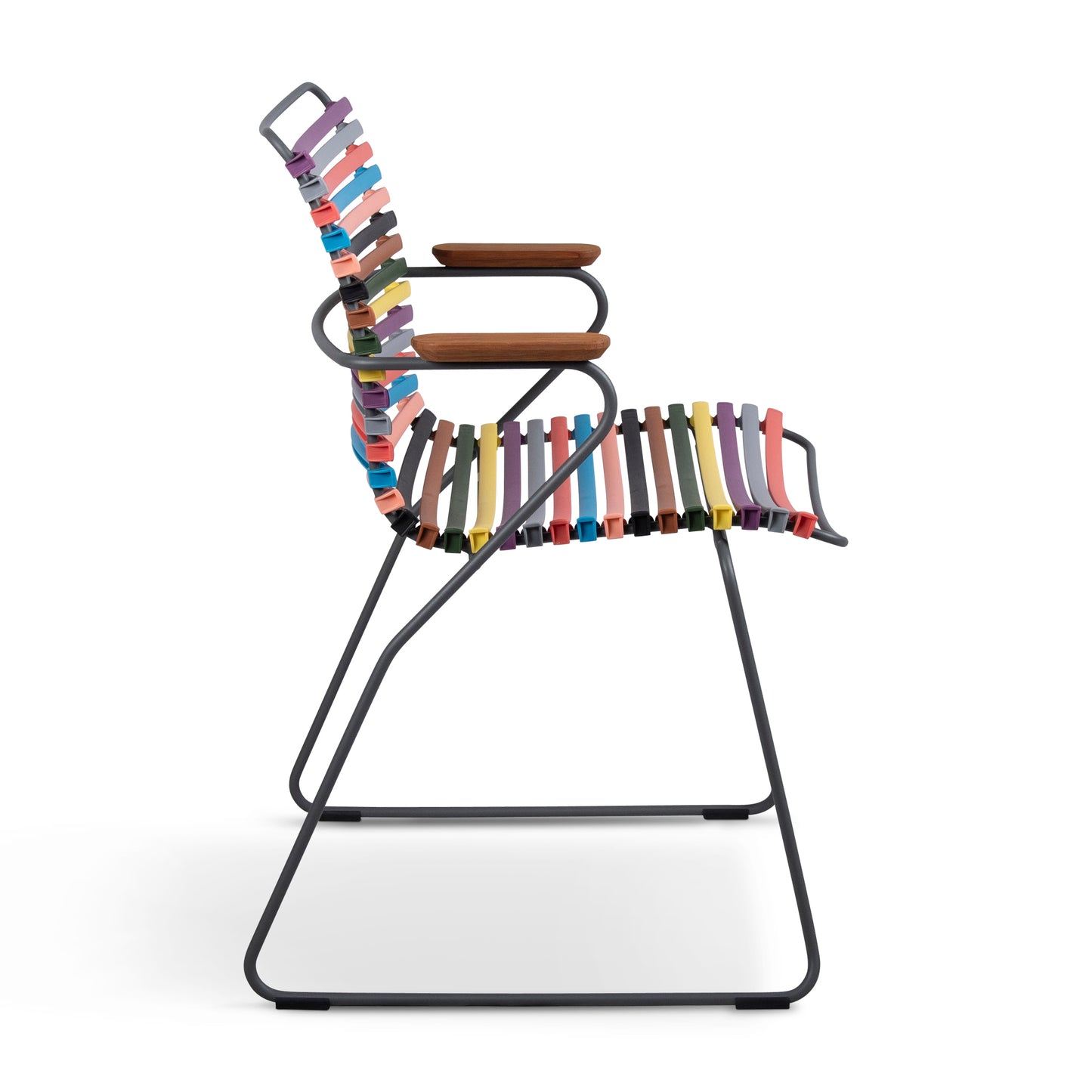 Colorful striped chair with wooden armrests.