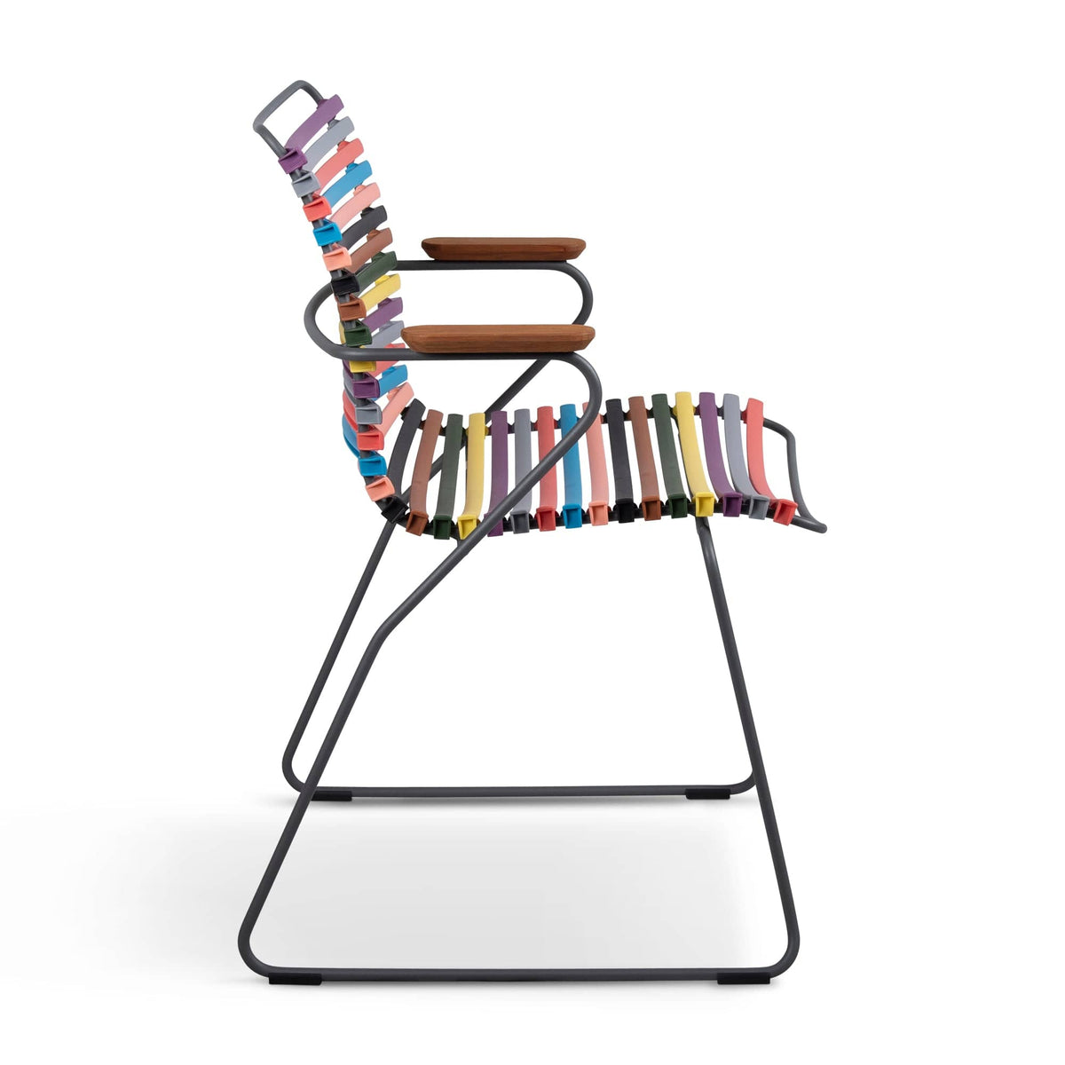 Colorful striped chair with wooden armrests.