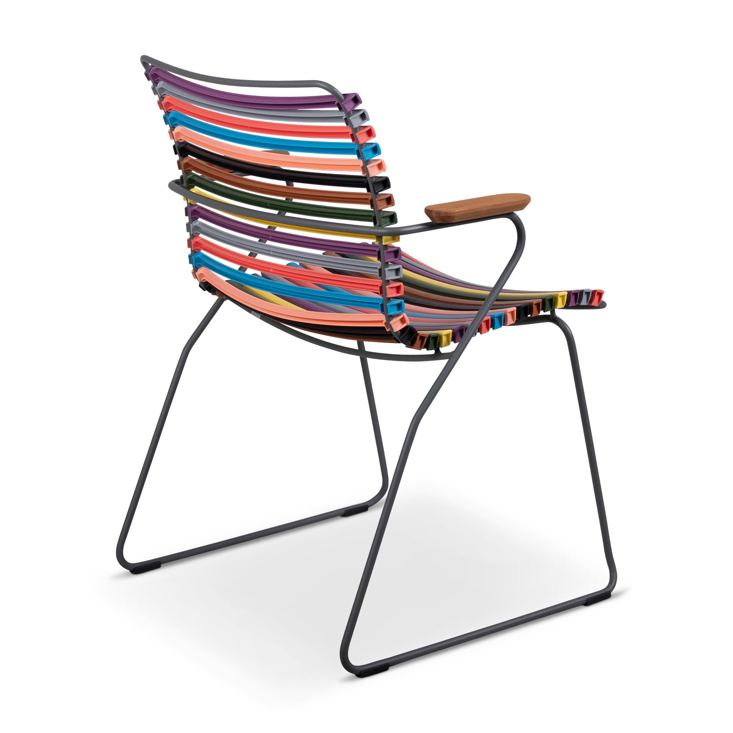 Colorful slatted chair with wood armrest.