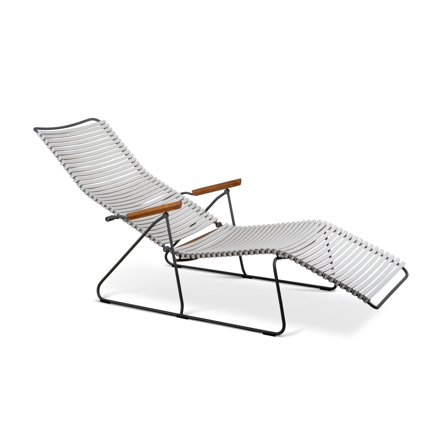 Lounge chair with gray seat and wooden armrests.