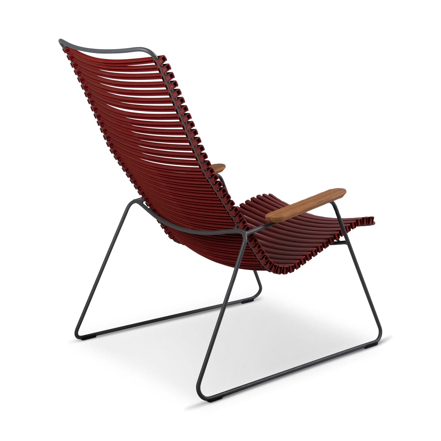 Red slatted lounge chair with wooden armrests.