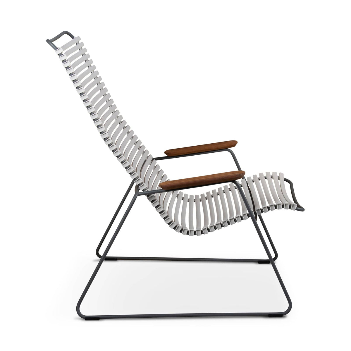 Lounge chair with white straps and wooden armrests.