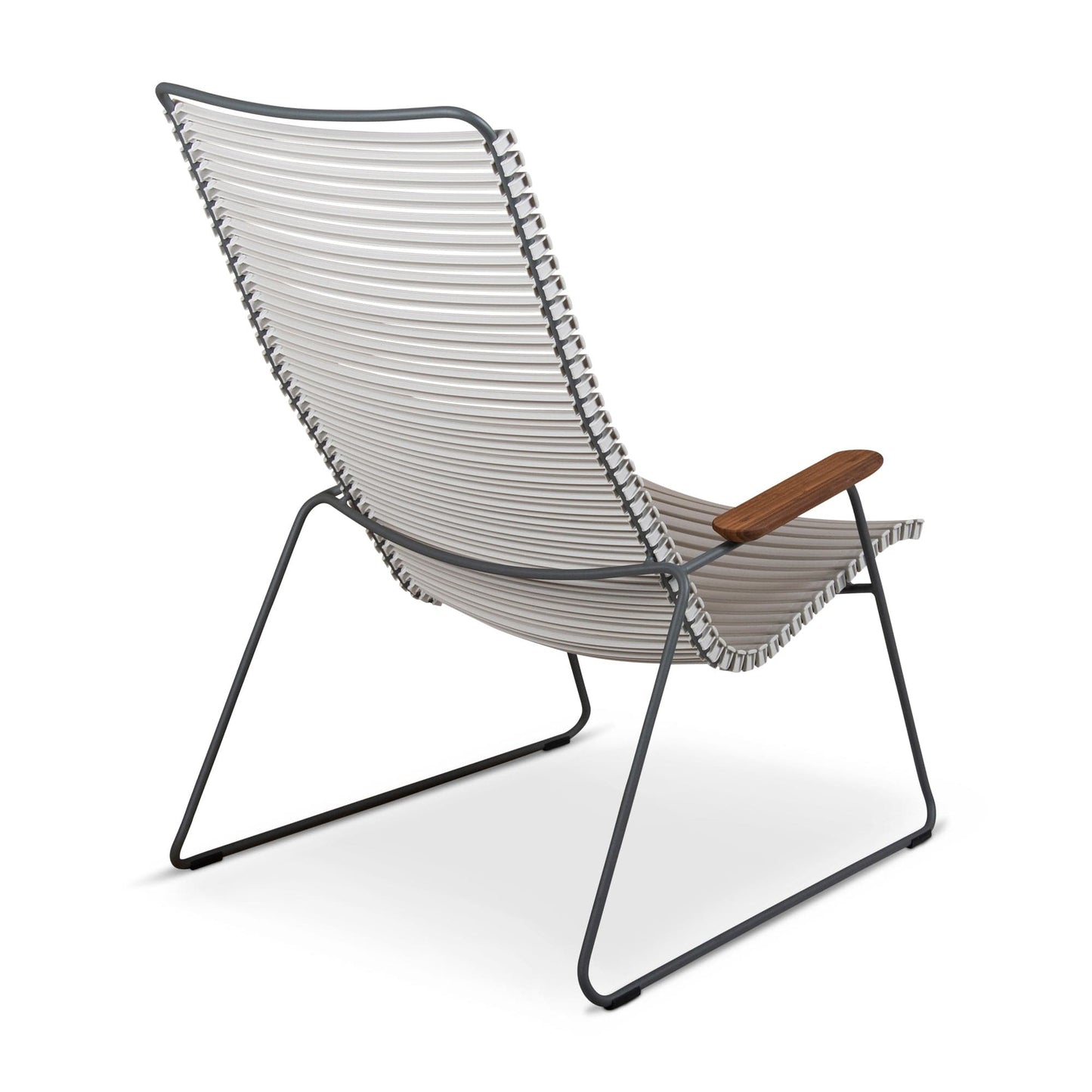 Modern gray and white lounge chair with wood armrest.