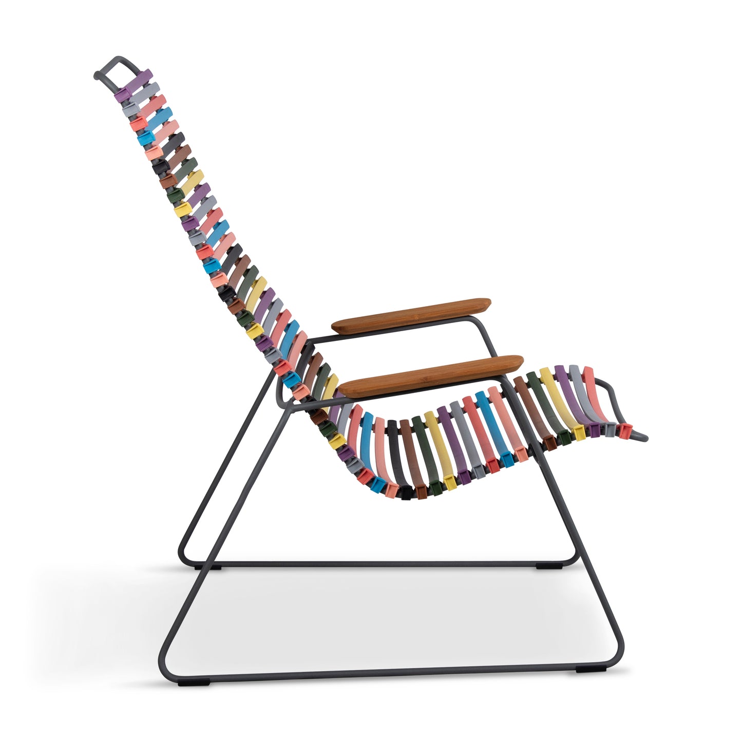 Lounge chair with colorful woven seat and wooden armrests.