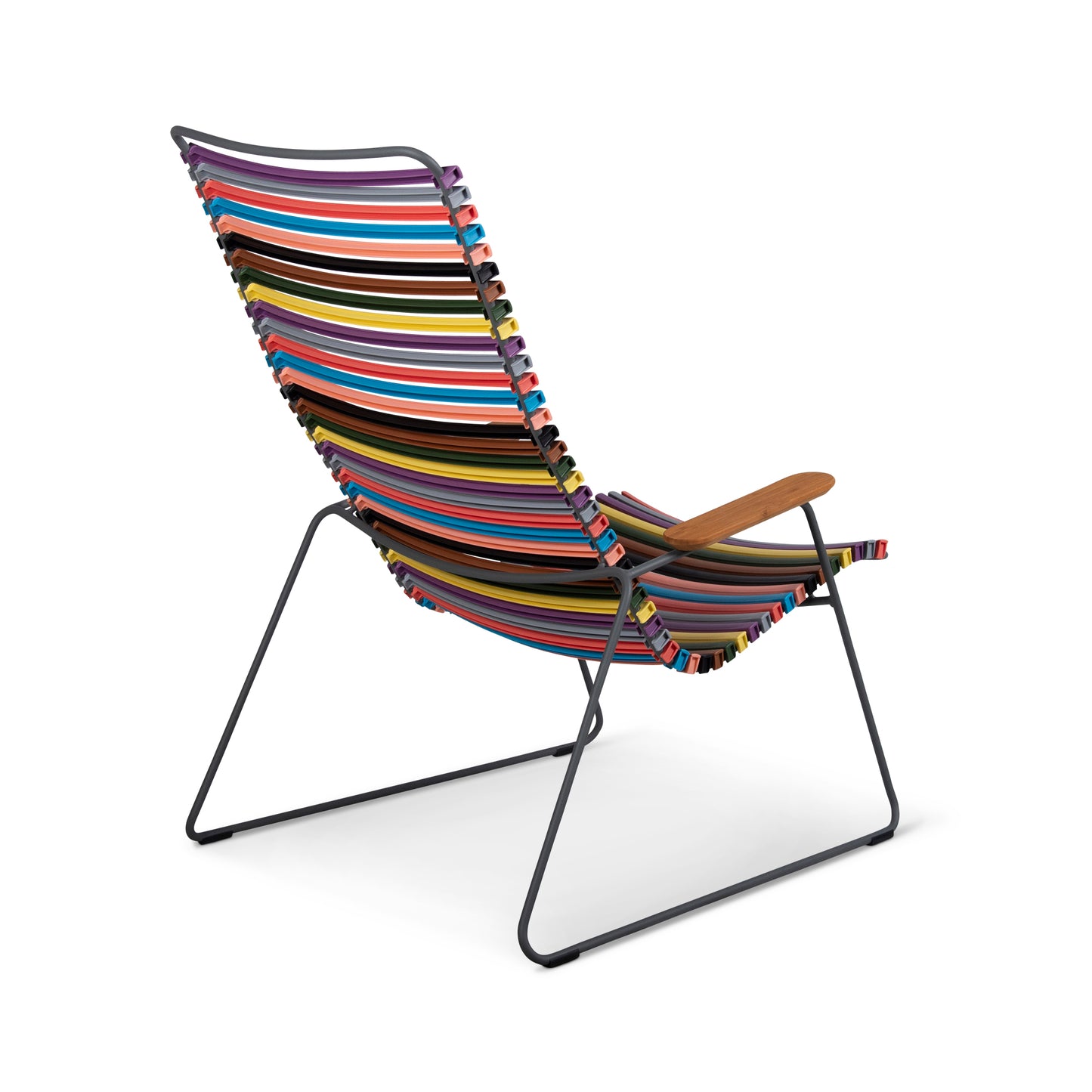 Lounge chair with colorful striped seat and wooden armrest.