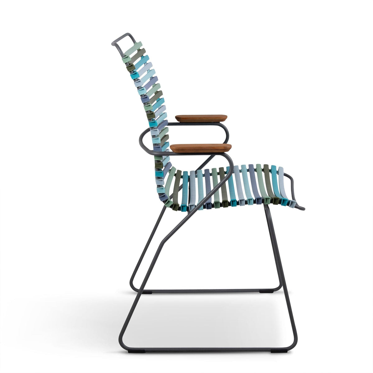 Side view of a modern chair with colorful woven seat and back.