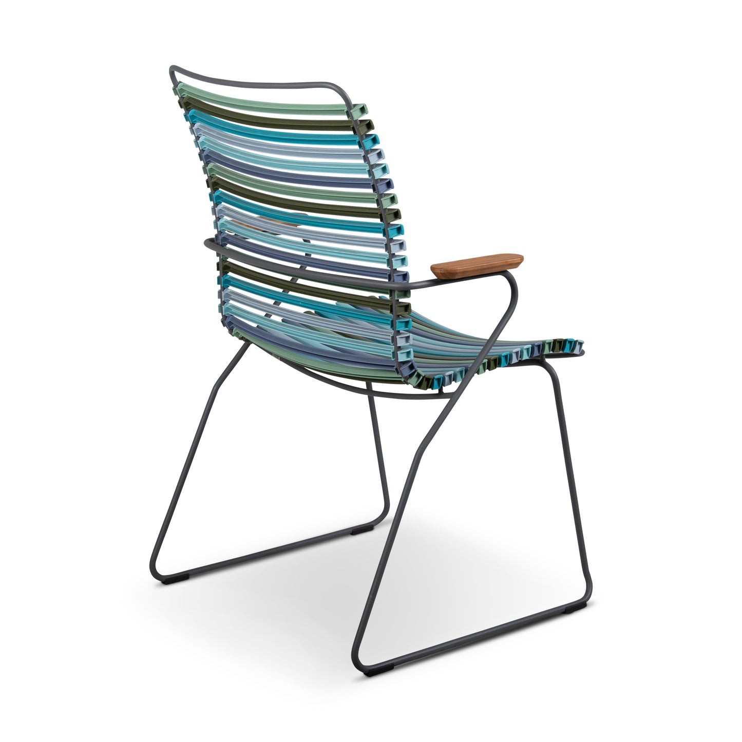 Blue and green striped chair with metal frame and wooden armrest.