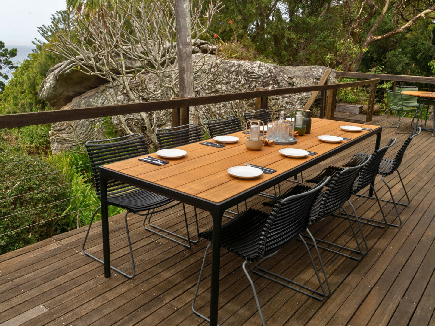Outdoor dining table setting for eight