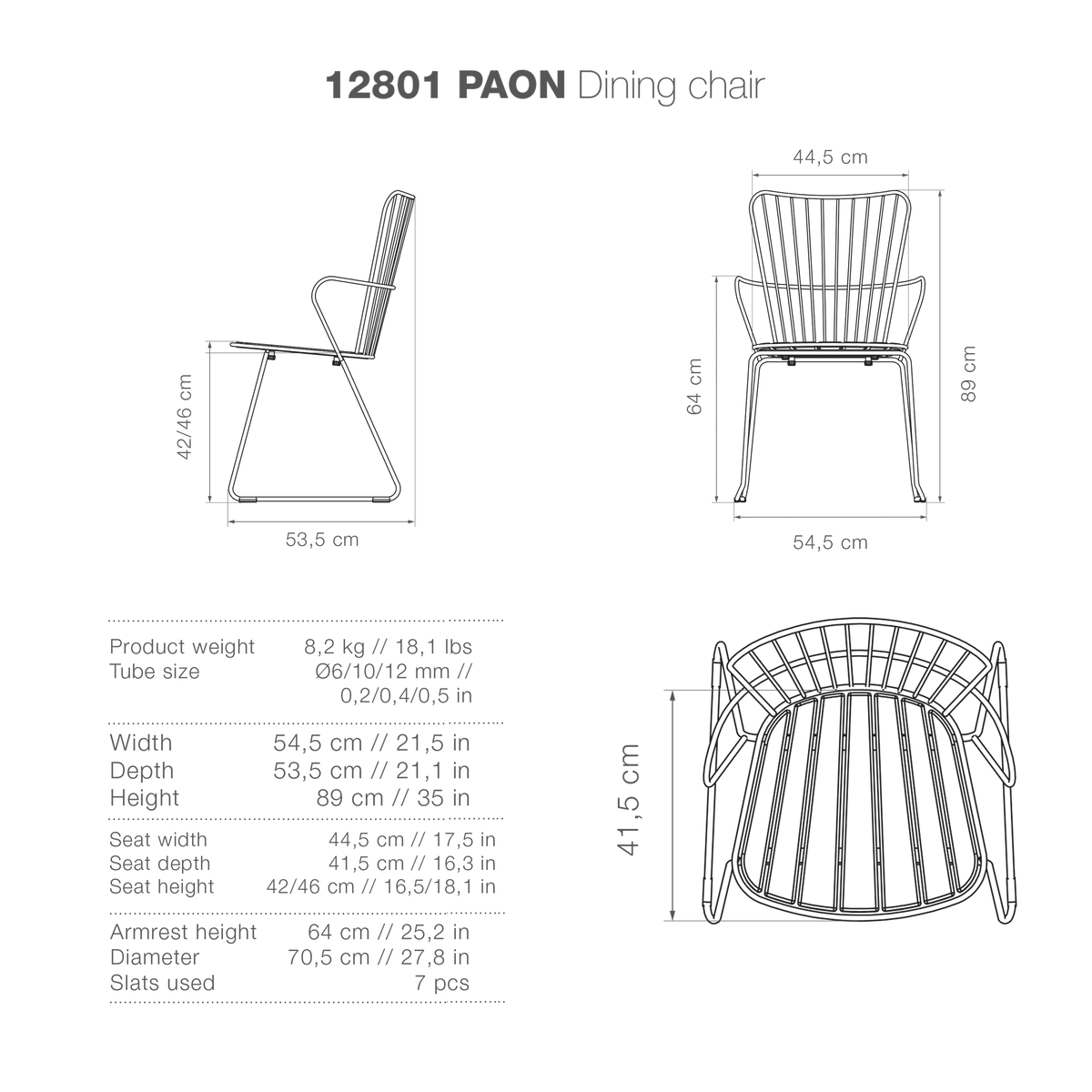 12801 PAON Dining chair dimensions diagram