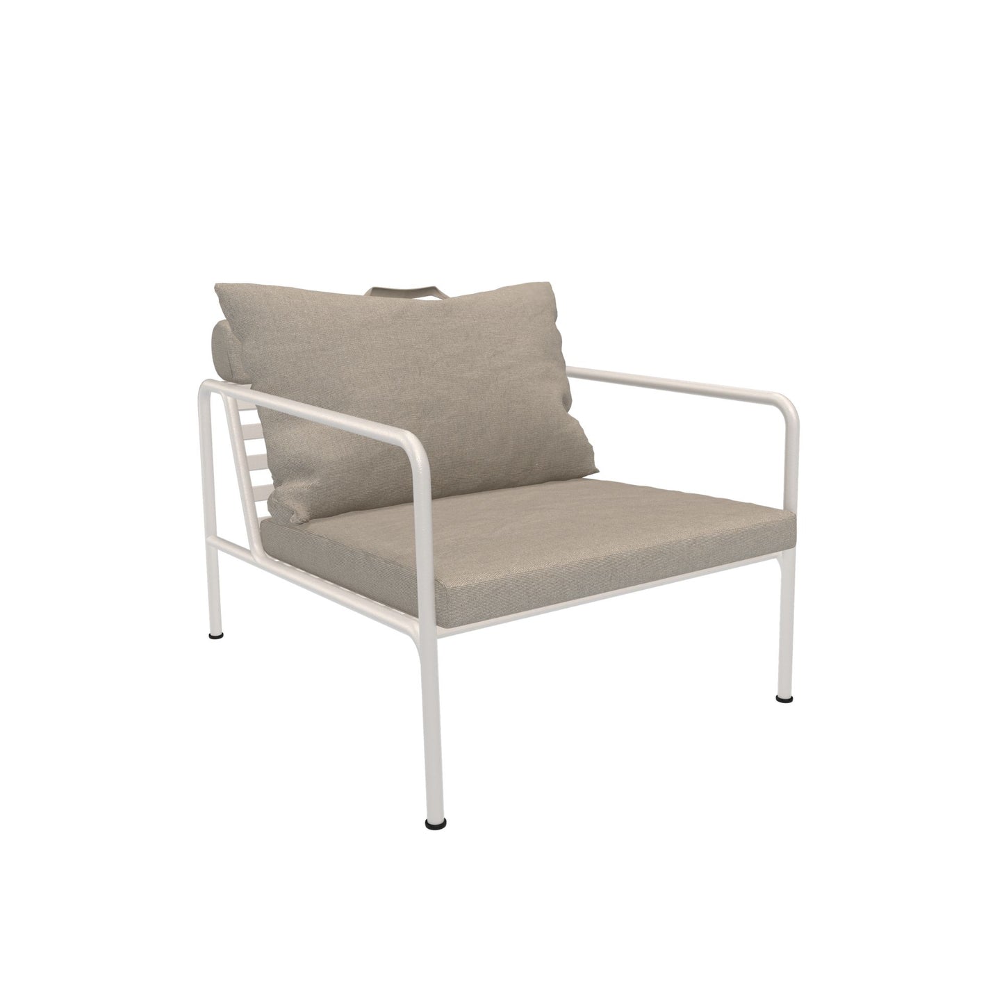 White framed outdoor armchair with tan cushion and pillow.