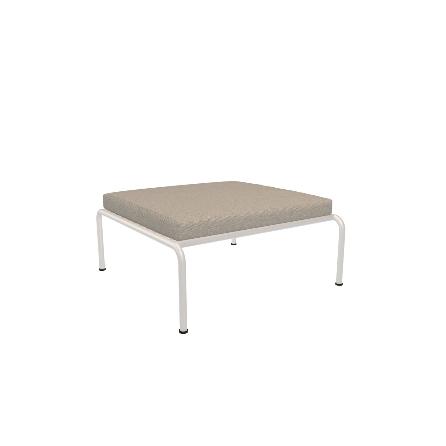 Square ottoman with beige cushion and white frame.