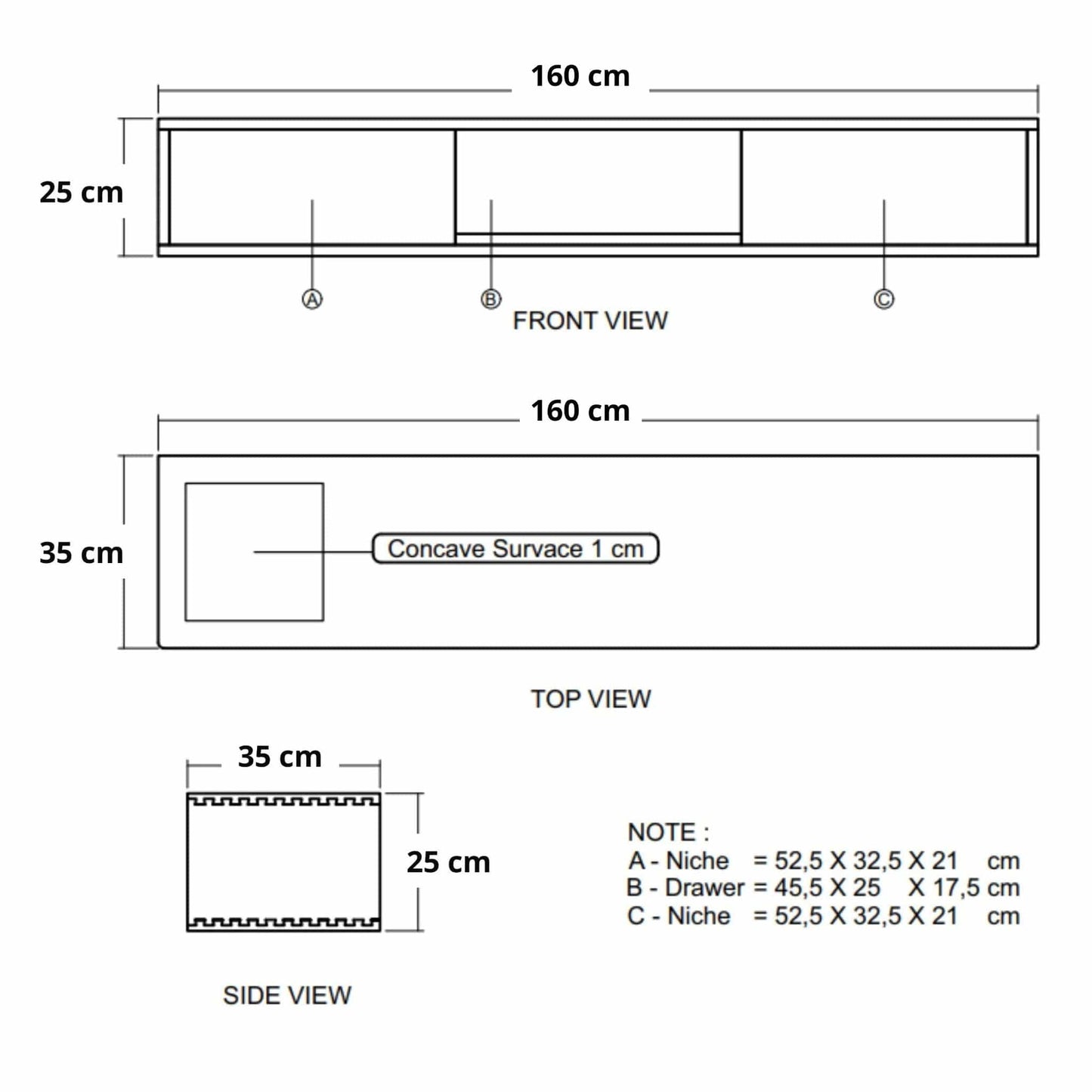160cm wide, front, top, and side views.