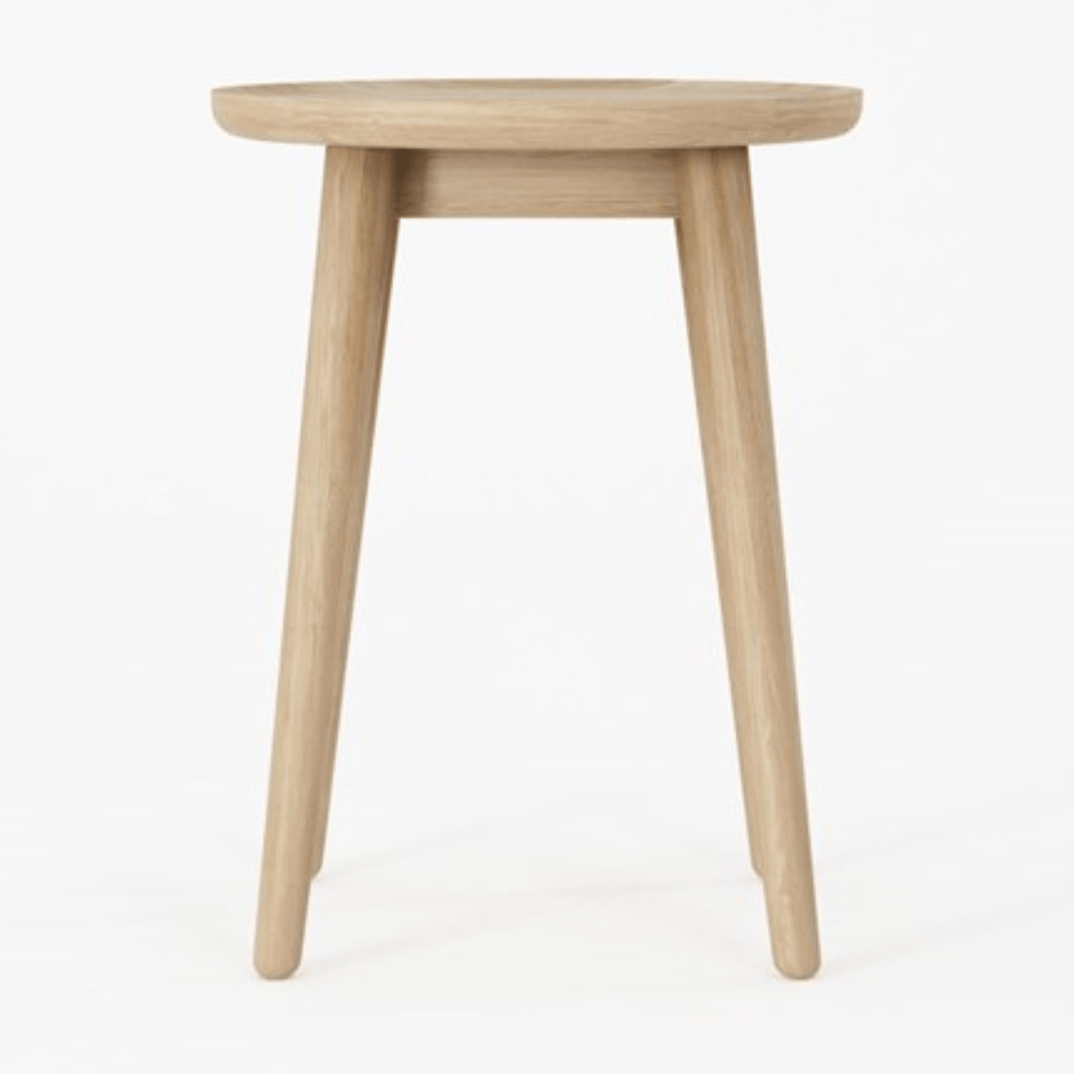 Wooden round side table on white background.
