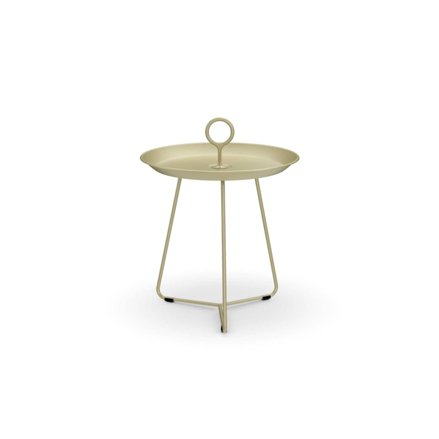 Round, light green side table with handle.