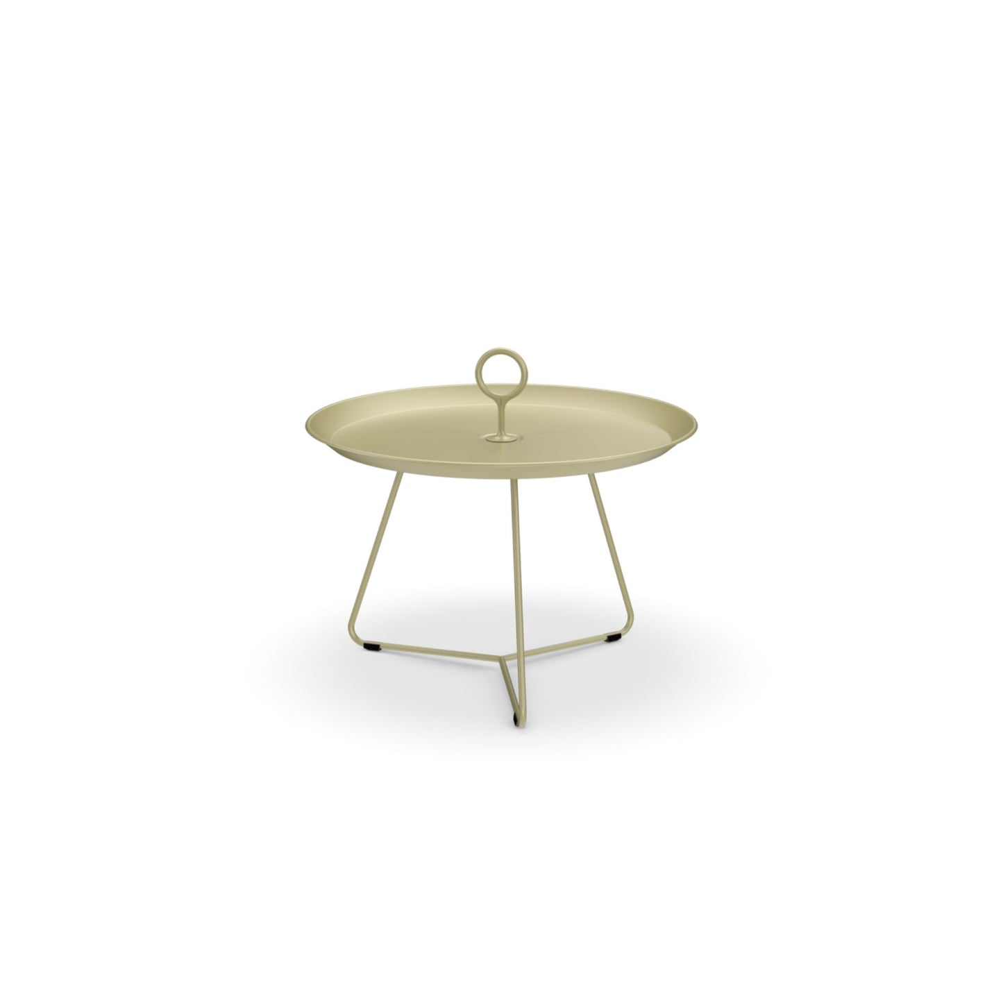 Tan round side table with handle.