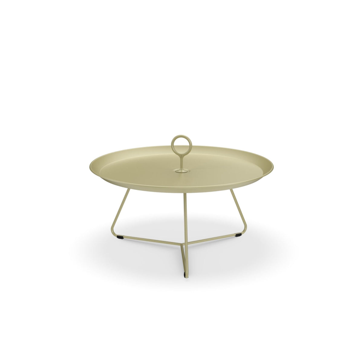 Round, light green metal side table with handle.