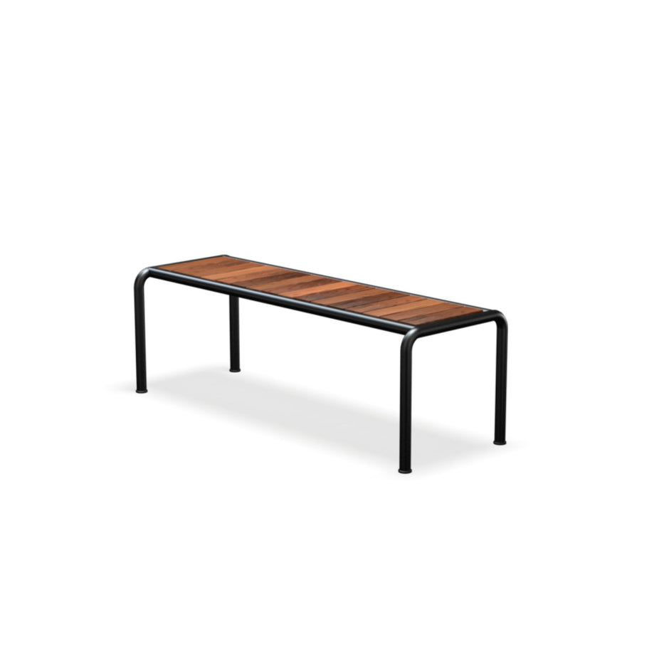 Bench with wooden seat and black metal frame.