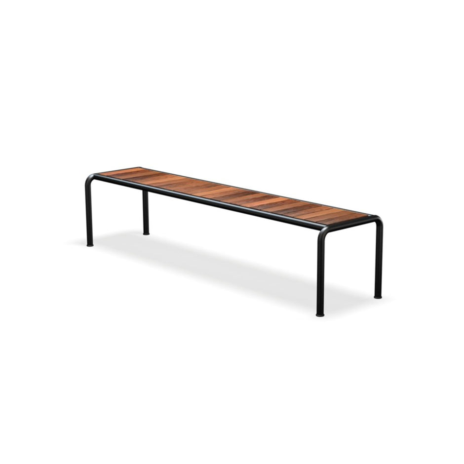 Wooden bench with black metal frame.