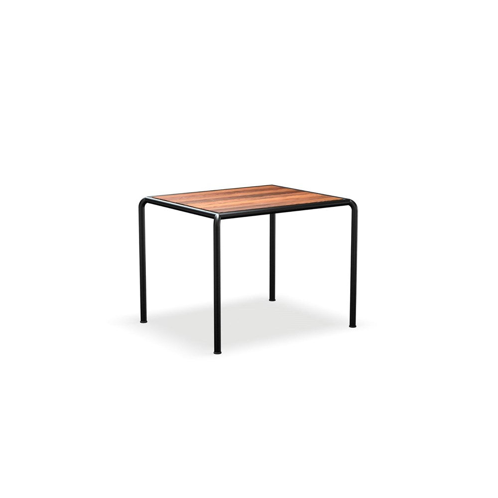 Square table with wood top and black metal legs.