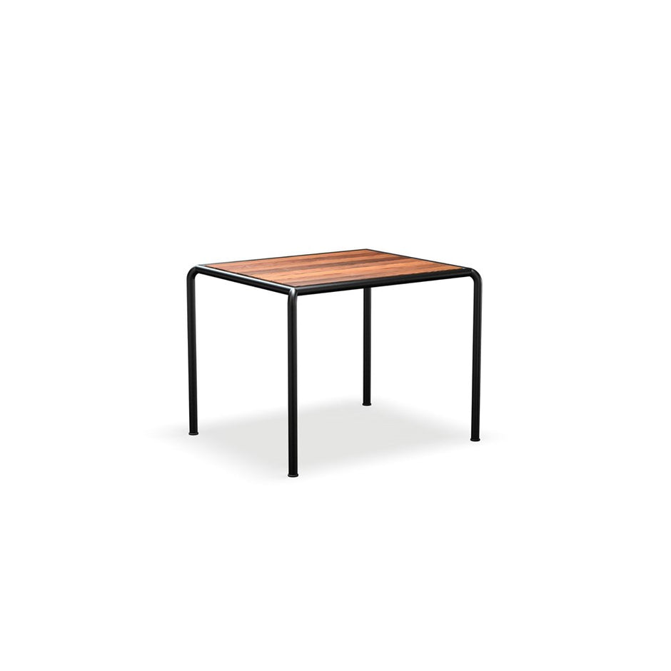 Square table with wood top and black metal legs.