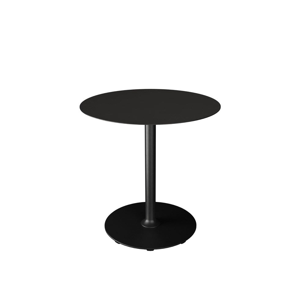 Black round table with pedestal base.