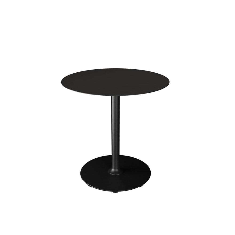 Black round table with pedestal base.