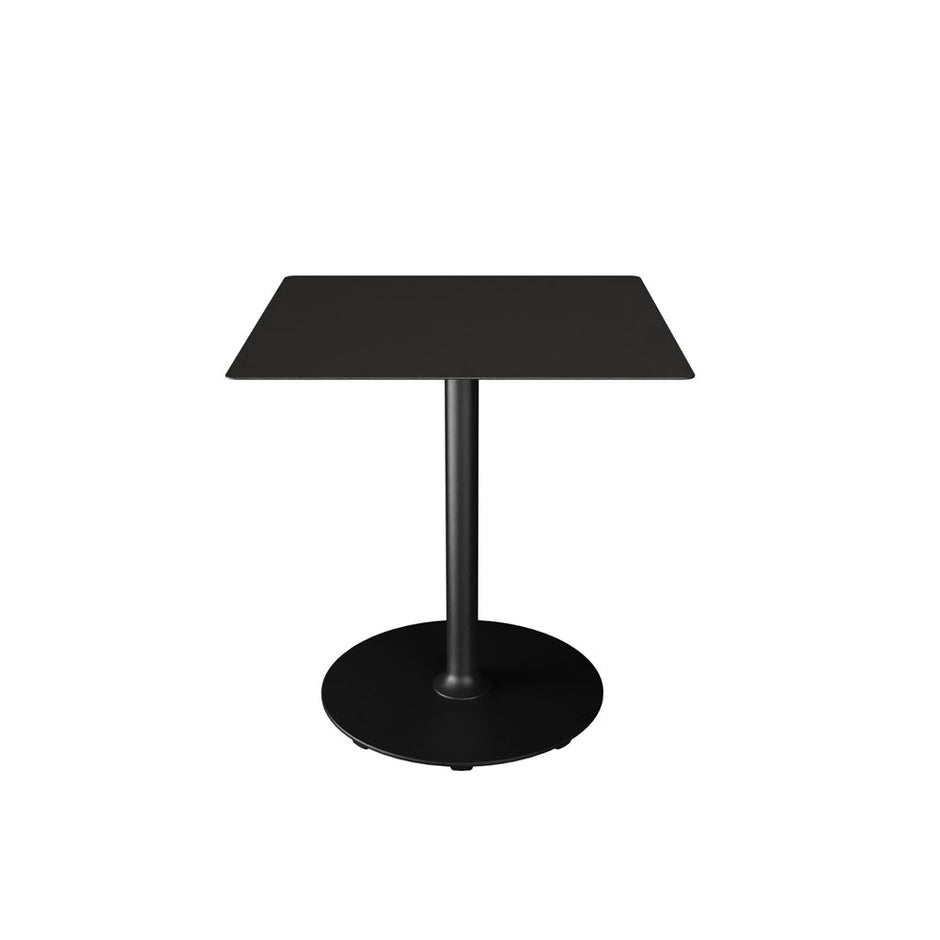 Black square table with round base.