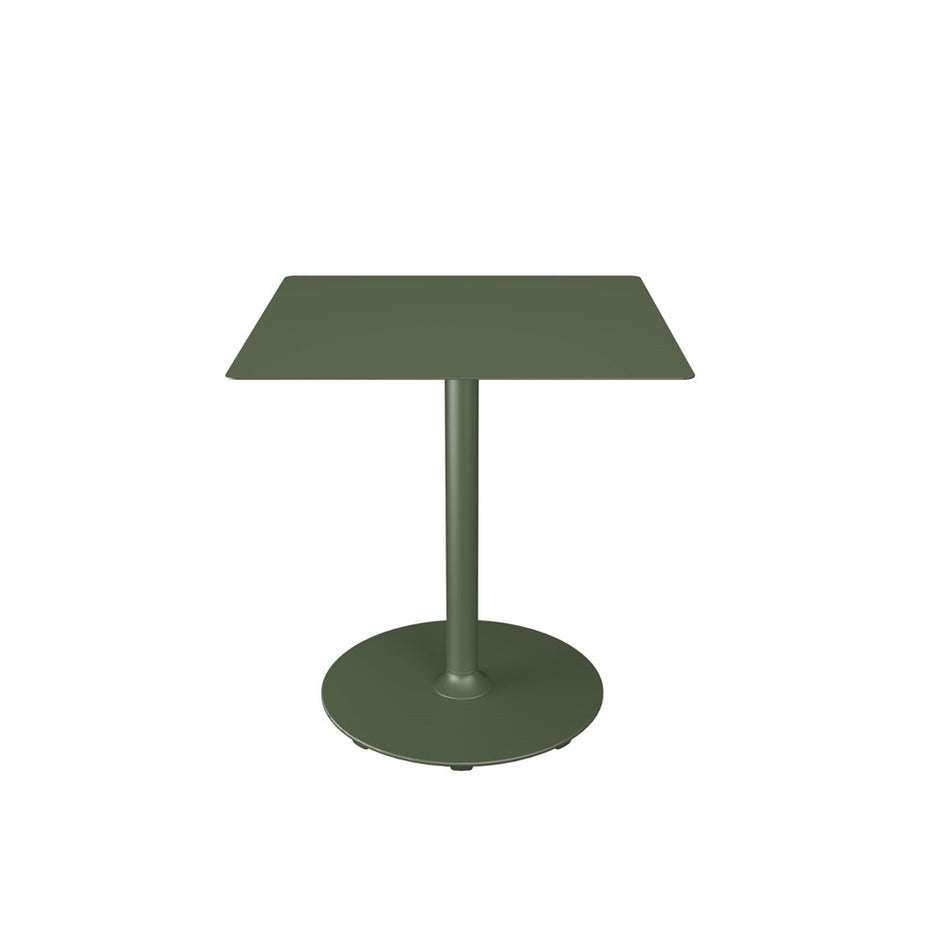 Green square table with round base.