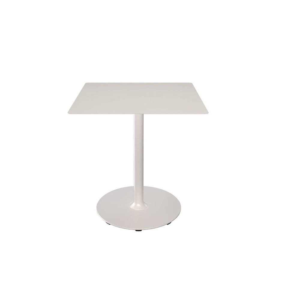 White square table with pedestal base.