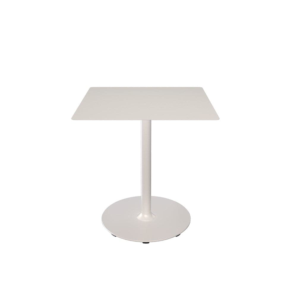 White square table with pedestal base.