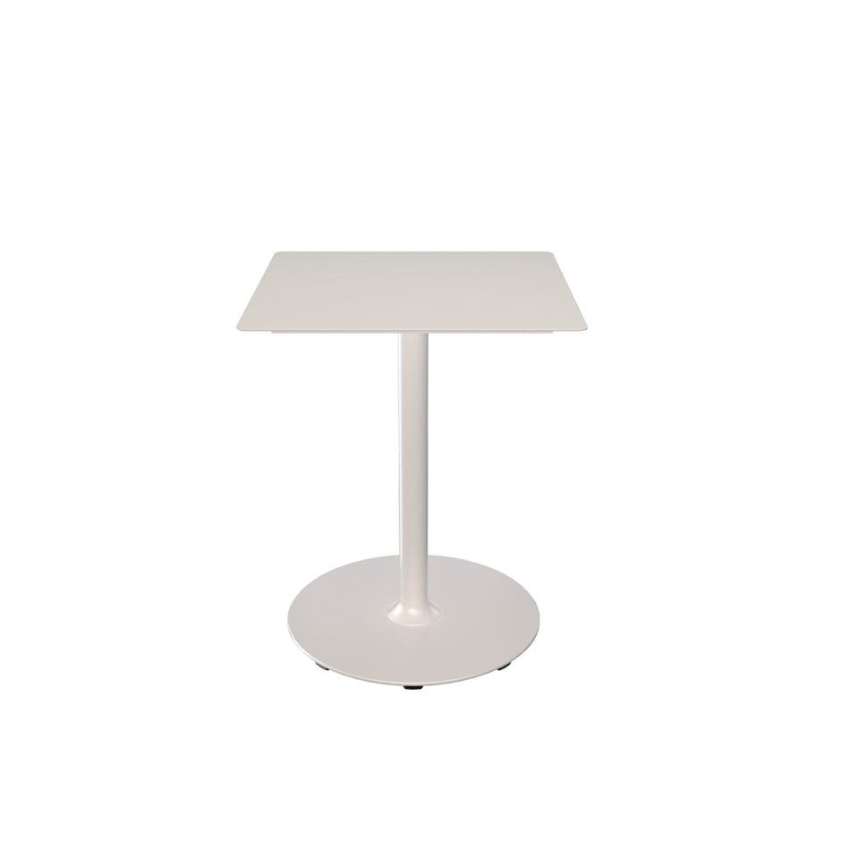 White square table with pedestal base.