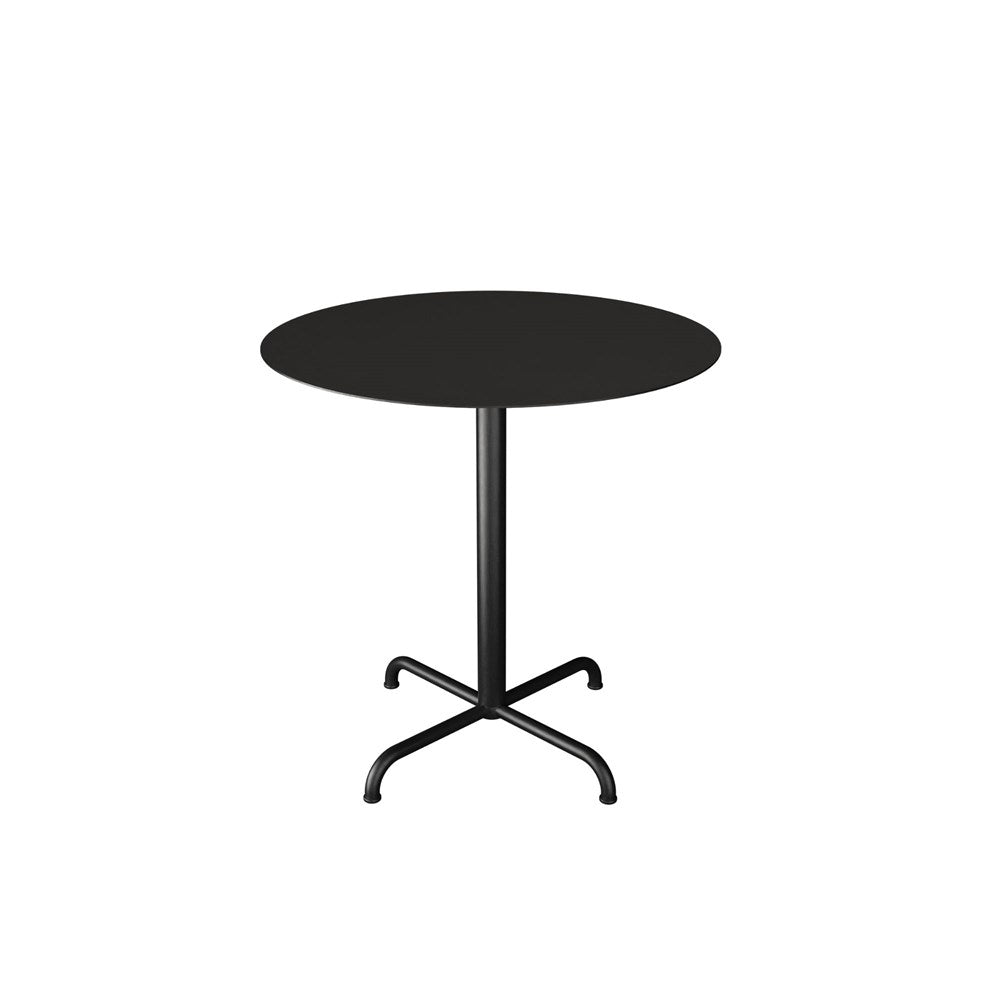 Black round table with a pedestal base.