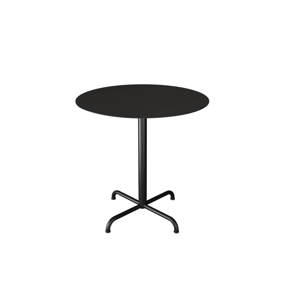 Black round table with a pedestal base.