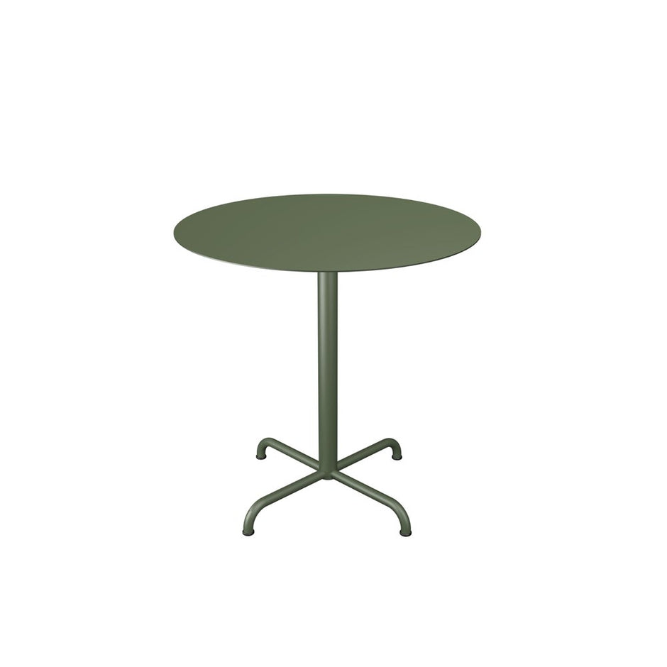 Green round table on white background.