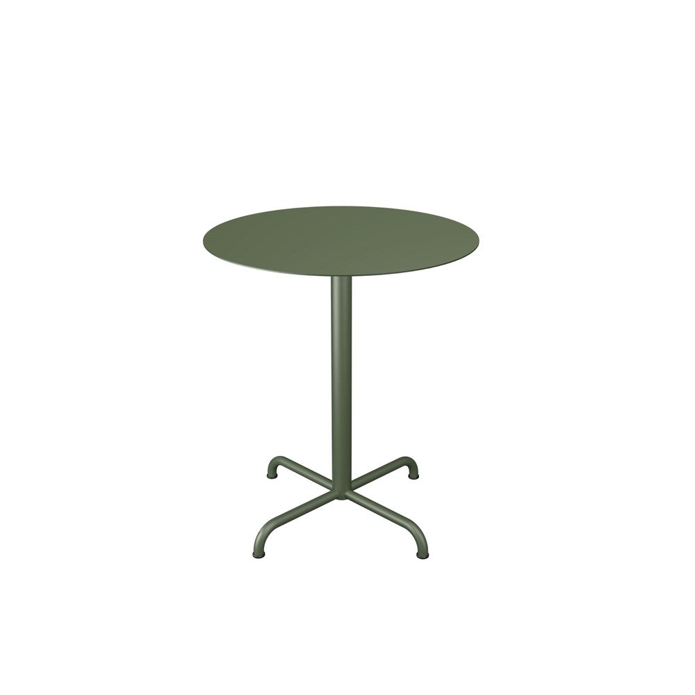 Green round table with four-legged base.