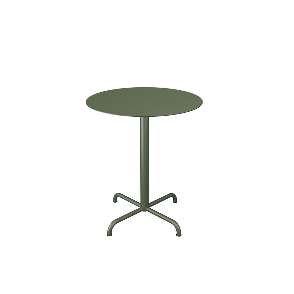 Green round table with four-legged base.