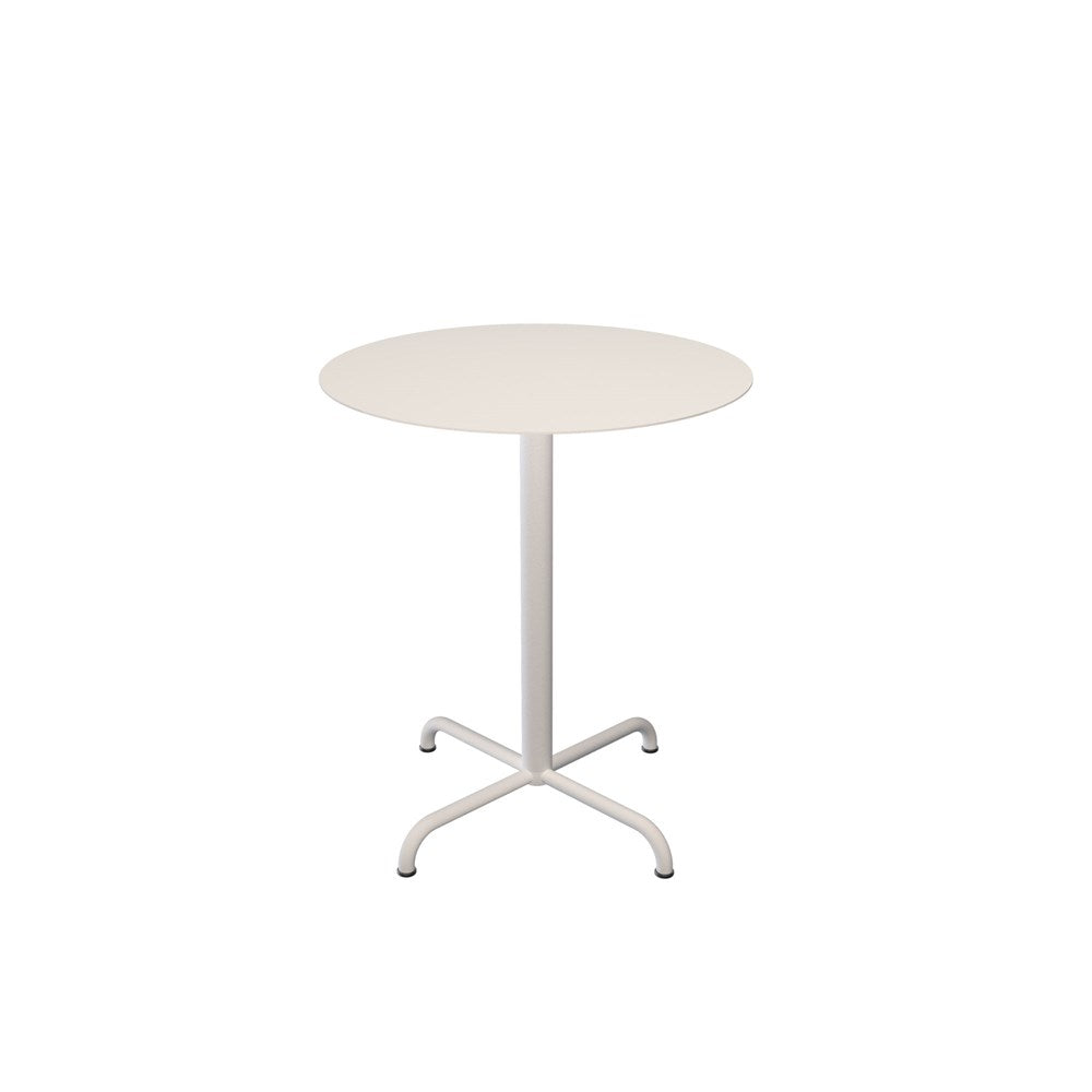 White round table with four-legged base.