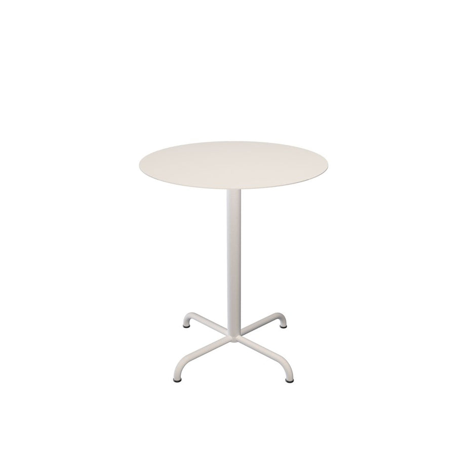 White round table with four-legged base.