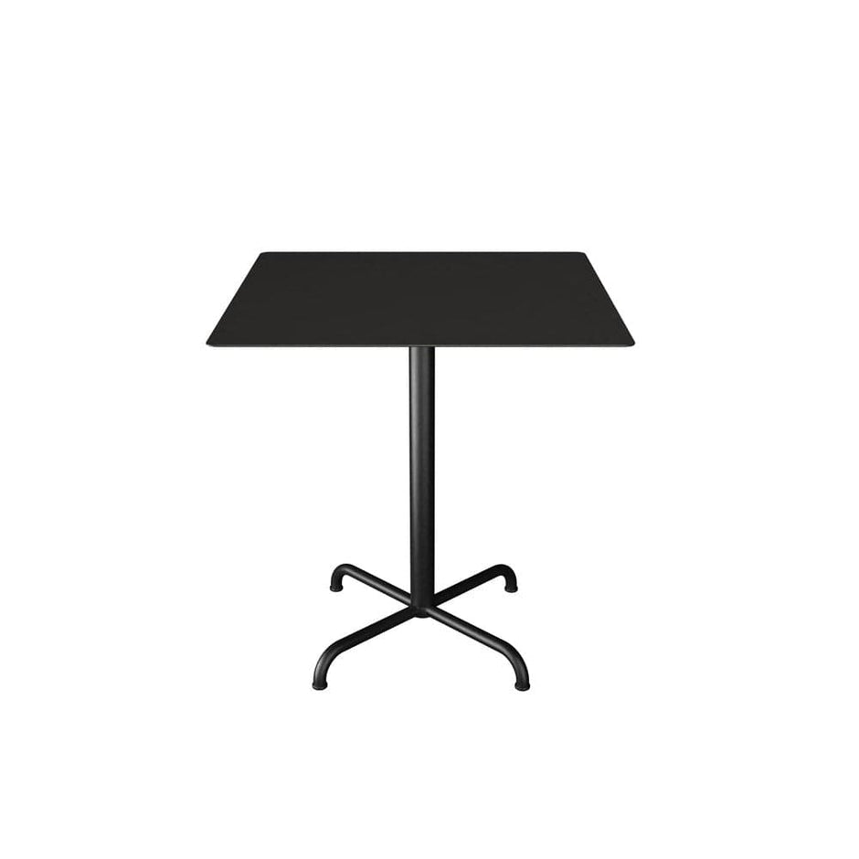 Black square table on a pedestal base.