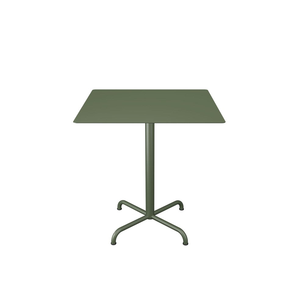 Green square table on a pedestal base.