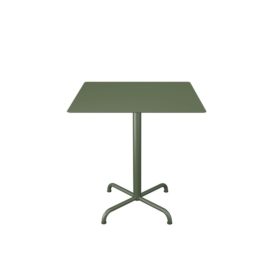 Green square table on a pedestal base.